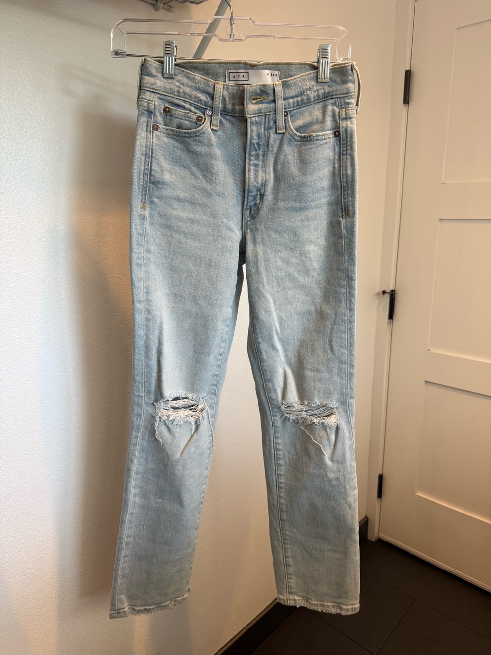 AYR Light Wash Distressed Straight-Leg Jeans: “The Sugar”